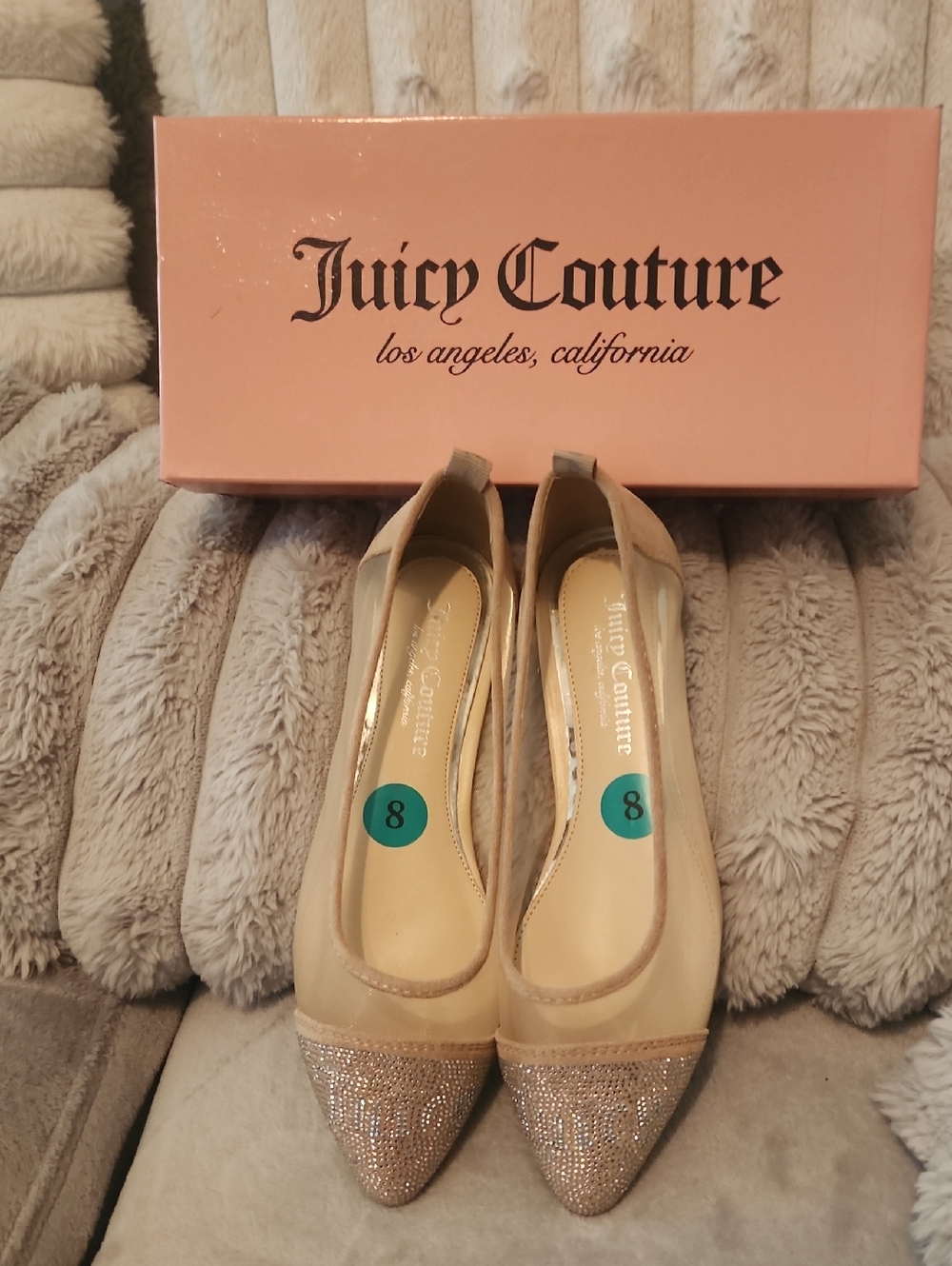Juicy Couture Beige Pointed Toe Flats with Sparkling Toe Cap